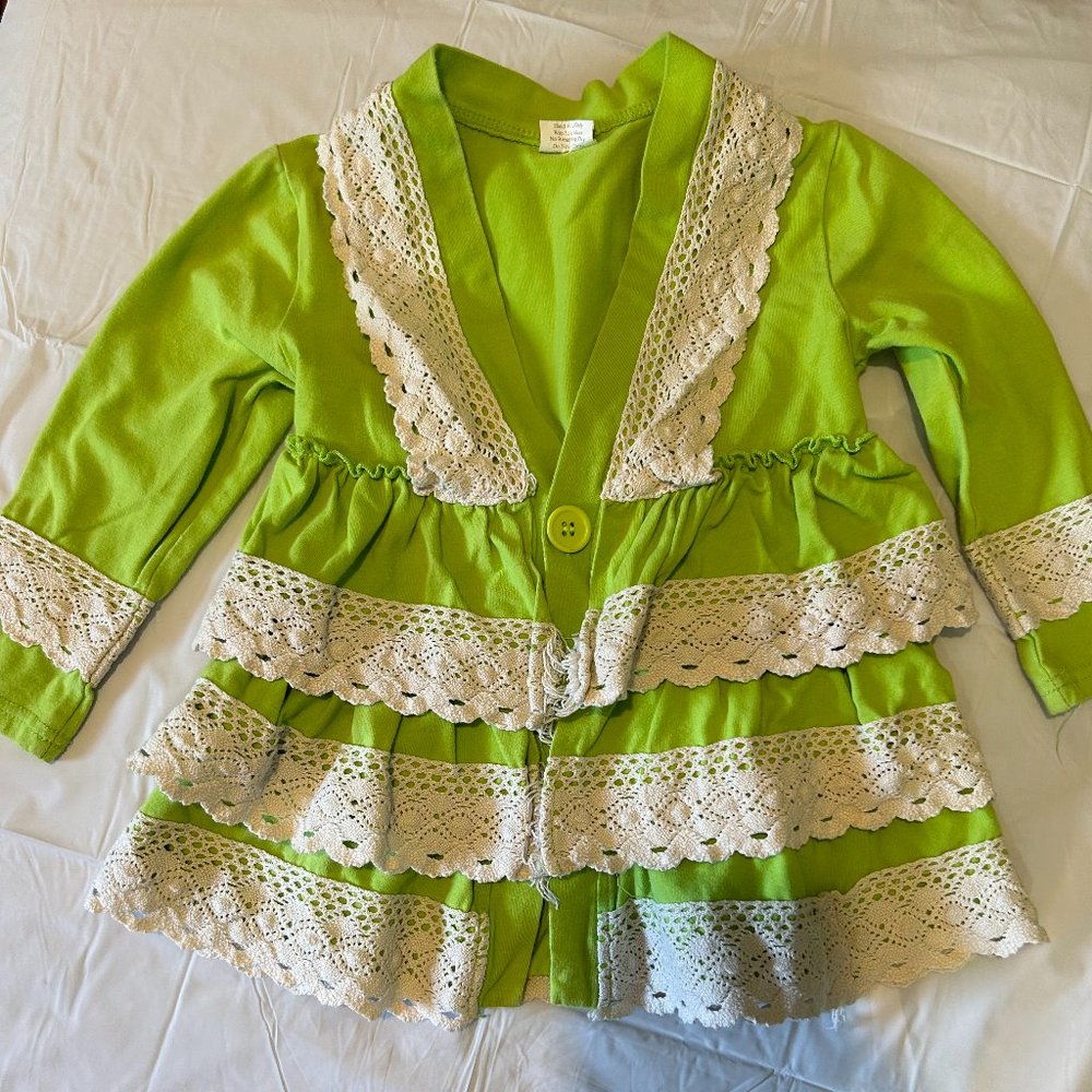 Boutique brand size 2T green cardigan with crochet trim